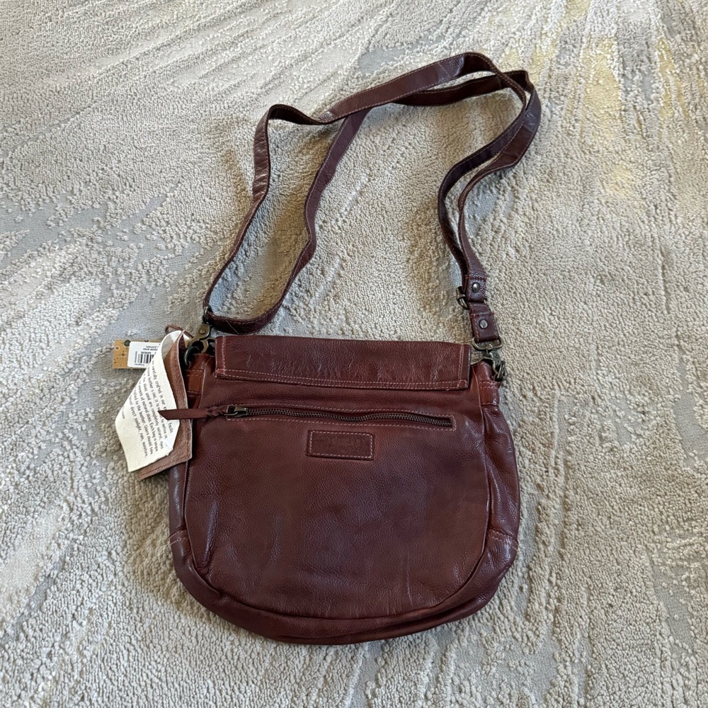 Old Trend Brown cognac leather crossbody bag tooled embossed Meadow Wind bag new - Picture 11 of 12
